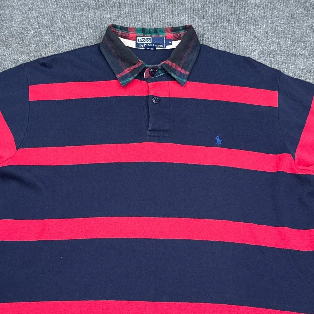 Vintage Ralph Laurn Polo Shirt Mens Size Large Flannel‎ Collar Blue Red Striped